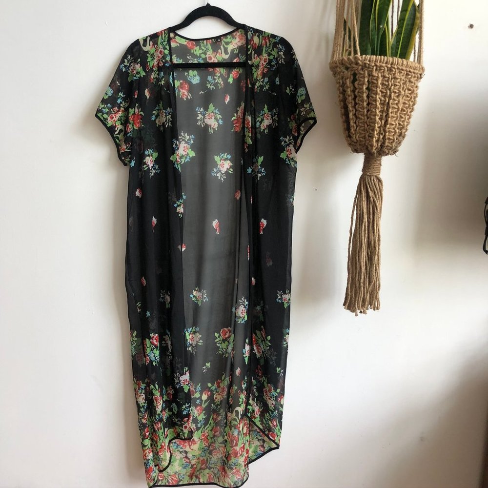 Black Floral Print Chiffon Duster Medium Sheer